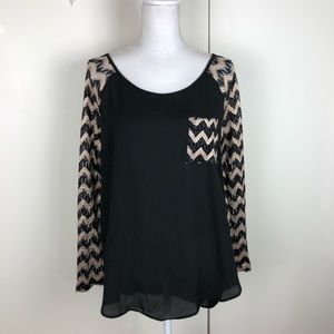 ING WOMENS TOP METALLIC CHEVRON SHEER SLEEVES SZ M